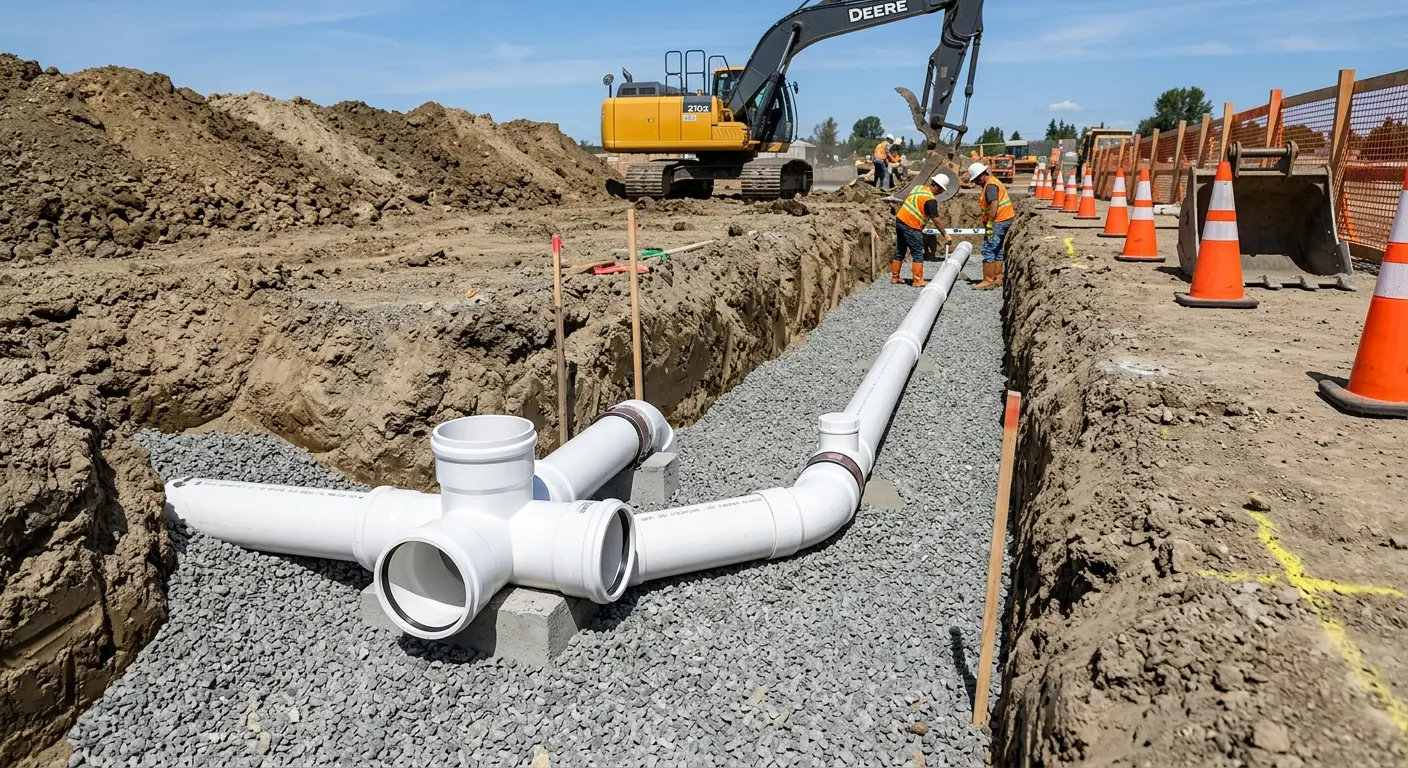 New PVC sewer pipe installation in open trench for Commercial Drain Cleaning in Surprise