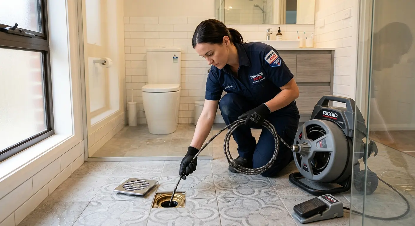 Technician clearing a bathroom floor drain for Hydro Jetting in Surprise